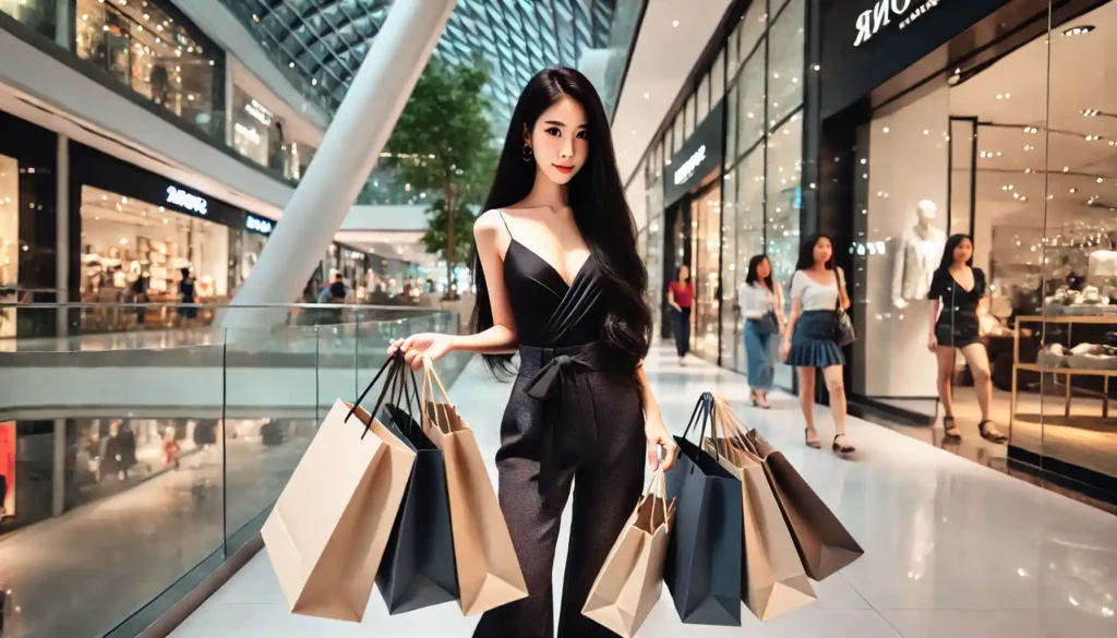 ผู้หญิงถือถุงกระดาษหูหิ้ว